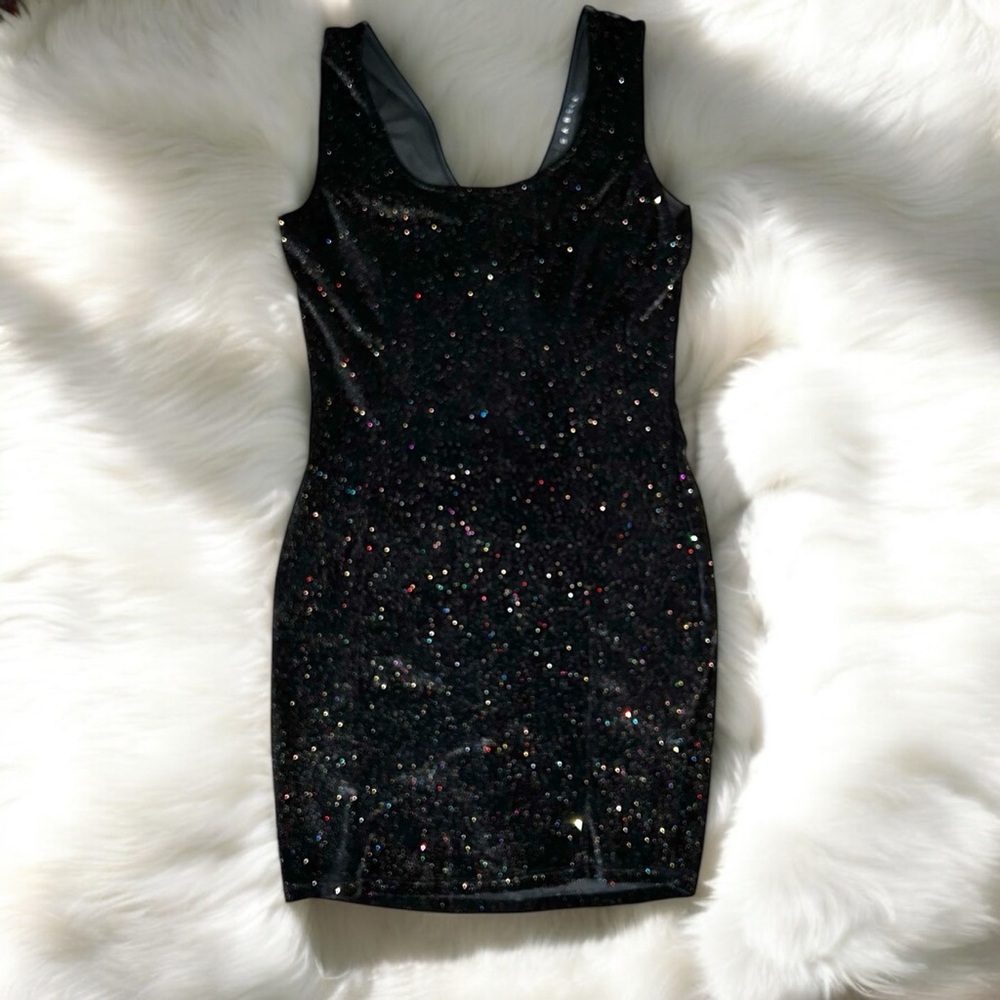 SABORA Bodycon Velour Rainbow Glitter Sparkle Mini Dress Black Size L LIKE NEW